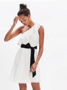 Madewell One-Shoulder White Lace Ruffle Dress with Black Silk Belt Size XS